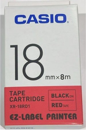 Casio XR-18RD1 Tape Cassette, 18mm X 8mm, Black on Red