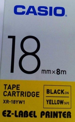 Casio XR-18YW1 Tape Cassette, 18mm X 8mm, Black on Yellow