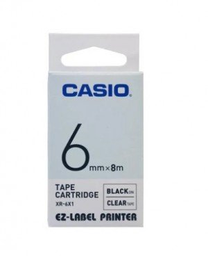 Casio XR-6X1 Tape Cassette, 6mm X 8mm, Black on Clear