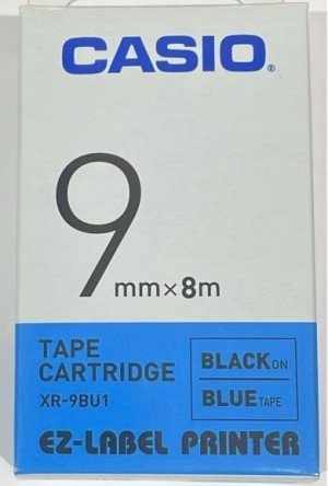 Casio XR-9BU1 Tape Cassette, 9mm X 8mm, Black on Blue