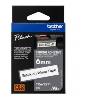Brother Strong Adhesive TZe-S211 6mm Black on white Labeling Tape