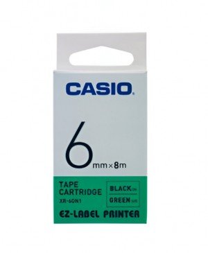Casio XR-6GN1 Tape Cassette, 6mm X 8mm, Black on Green