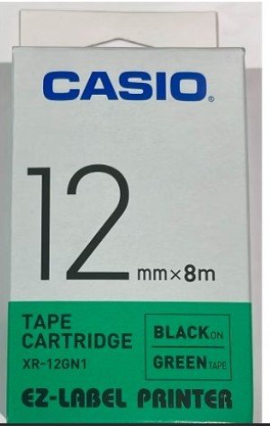 Casio XR-12GN1 Tape Cassette, 12mm X 8mm, Black on Green